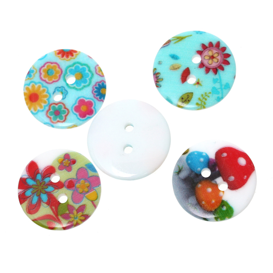 Picture of Resin Sewing Buttons Scrapbooking 2 Holes Round At Random Mixed Flower Pattern 20mm( 6/8") Dia, 7 PCs