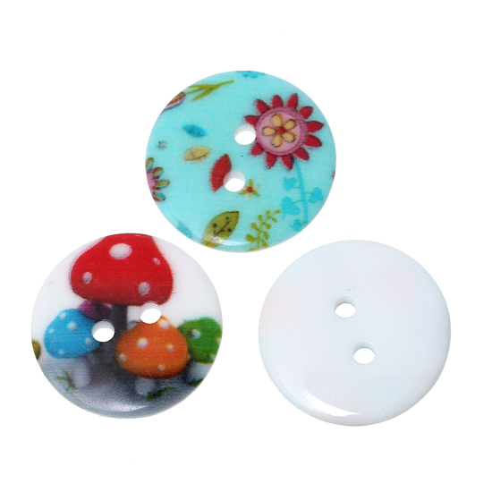 Picture of Resin Sewing Buttons Scrapbooking 2 Holes Round At Random Mixed Flower Pattern 20mm( 6/8") Dia, 7 PCs