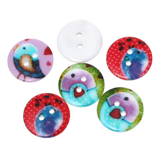 Picture of Resin Sewing Buttons Scrapbooking 2 Holes Round At Random Mixed Bird Pattern 20mm( 6/8") Dia, 100 PCs