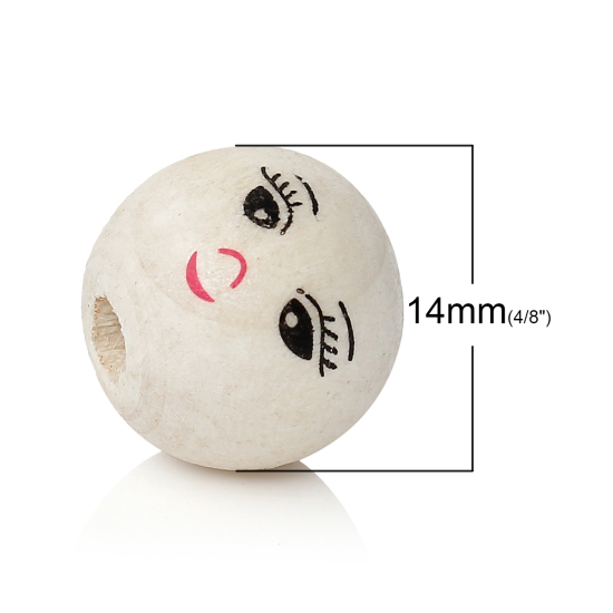 Picture of Wood Spacer Beads Round Natural Smile Face Pattern About 14mm Dia, Hole: Approx 0.18mm, 100 PCs