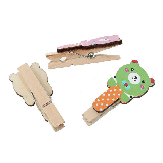 Picture of Wood Photo Holder Clothespin Clips At Random Mixed Bear Pattern 4.7cm x 22.0mm, 20 PCs