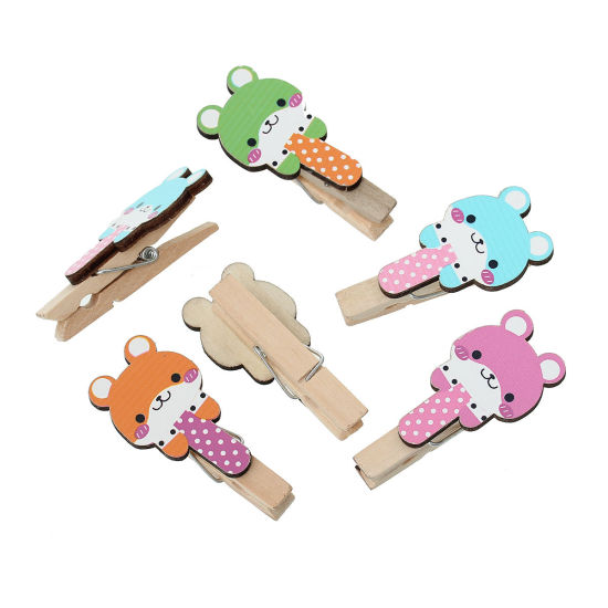 Picture of Wood Photo Holder Clothespin Clips At Random Mixed Bear Pattern 5.0cm x 23.0mm, 20 PCs