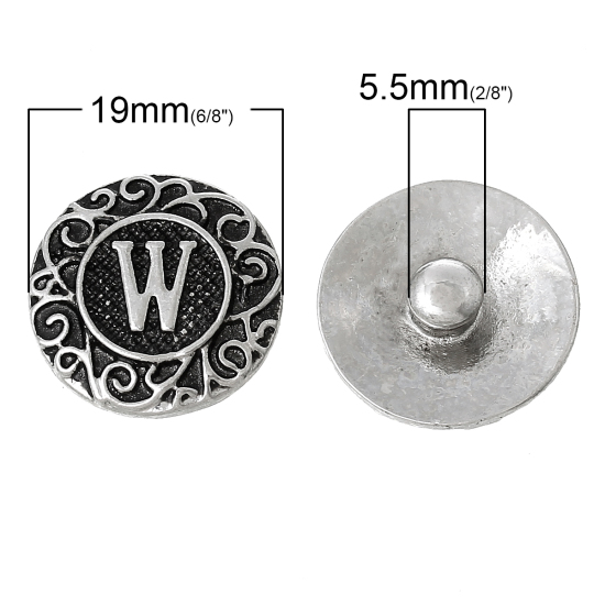 Image de 19mm Bouton Pression Forme Rond Argent Vieilli Lettre " W " pour Bracelet Bouton Pression, Taille de Poignée: 5.5mm, 1 Pièce
