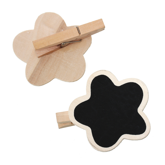 Picture of Wood Photo Paper Clothes Clothespin Clips Note Pegs Natural & Black Flower Pattern 9.5cm x8.1cm(3 6/8" x3 2/8") - 9.1cm x8.1cm(3 5/8" x3 2/8"), 2 Packets(4 PCs/Packet)