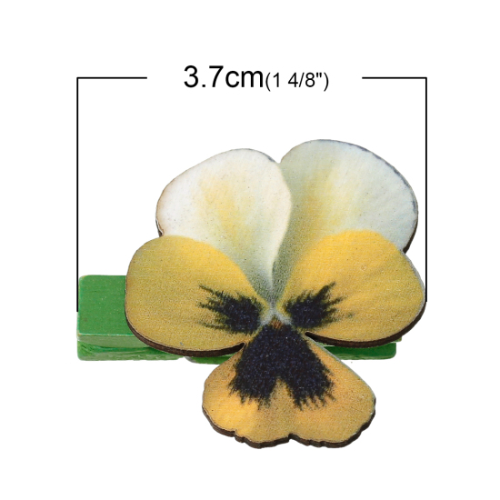 ウッド 写真用ペグ 洗濯ばさみ 緑 花 柄 3.7cmx 3.5cm、 2 パック (約 6 個/パック) の画像