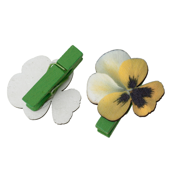 Picture of Wood Photo Paper Clothes Clothespin Clips Note Pegs Yellow & White Flower Pattern 3.7cm x3.5cm(1 4/8" x1 3/8"), 2 Packets(6 PCs/Packet)