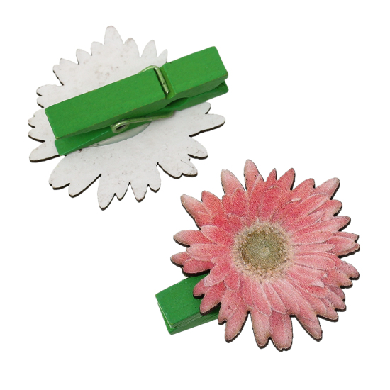 Picture of Wood Photo Paper Clothes Clothespin Clips Note Pegs Pink Flower Pattern 3.9cm x3.6cm(1 4/8" x1 3/8") - 4cm x3.7cm(1 5/8" x1 4/8"), 2 Packets(6 PCs/Packet)
