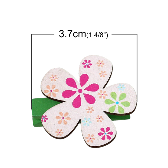 Picture of Wood Photo Paper Clothes Clothespin Clips Note Pegs Multicolor Flower Pattern 3.7cm x3.5cm(1 4/8" x1 3/8"), 2 Packets(6 PCs/Packet)