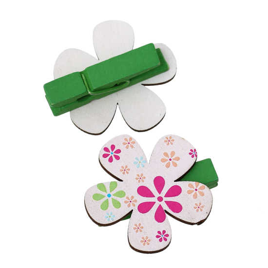 Picture of Wood Photo Paper Clothes Clothespin Clips Note Pegs Multicolor Flower Pattern 3.7cm x3.5cm(1 4/8" x1 3/8"), 2 Packets(6 PCs/Packet)