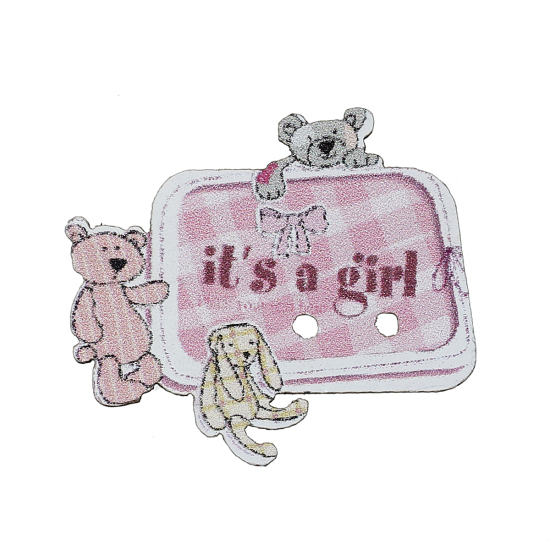 Imagen de Botón de Coser Costura Dos Agujeros Madera de Rectángulo ,Rosa Oso 30mm x 25mm, 50 Unidades