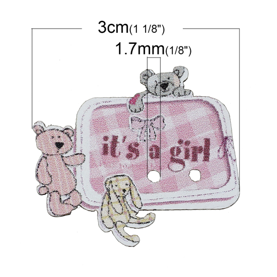 Imagen de Botón de Coser Costura Dos Agujeros Madera de Rectángulo ,Rosa Oso 30mm x 25mm, 50 Unidades