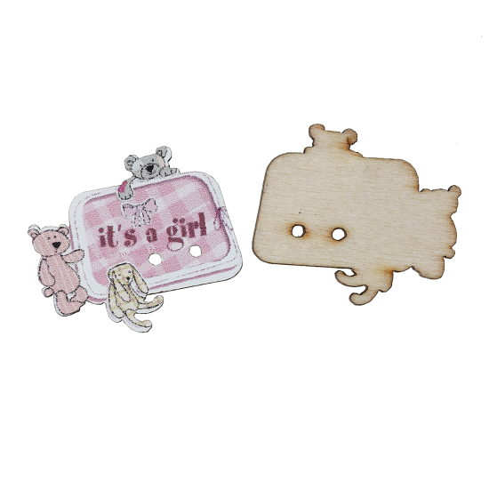 Imagen de Botón de Coser Costura Dos Agujeros Madera de Rectángulo ,Rosa Oso 30mm x 25mm, 50 Unidades