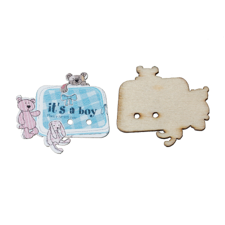 ウッド ボタン 長方形 ナチュラル 二つ穴 犬柄 文字  30mm x 25mm、 50 個