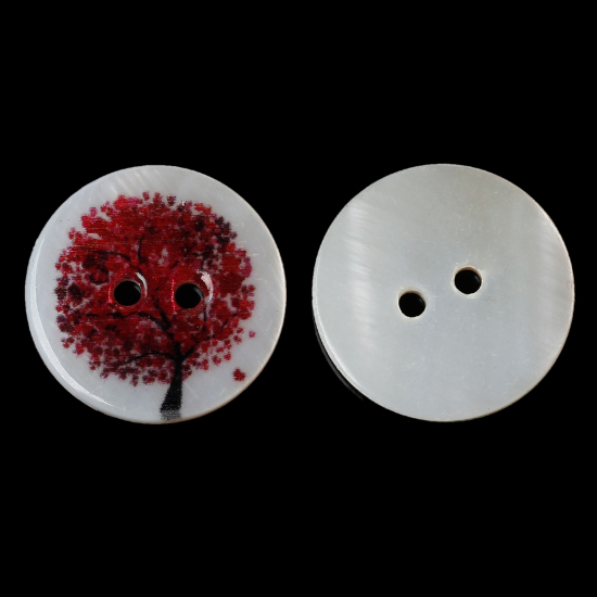 Bild von Natur Muschel Knopf für Aufnähen mit 2 Löcher Scrapbooking Rund Dunkelrot Bäume Muster, 20mm D., 20 Stücke