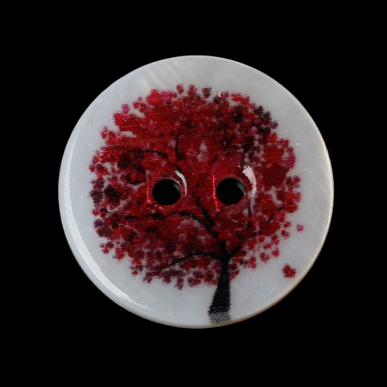 Image de Boutons de Couture 2 Trous en Coquille Naturelle Rond Couleur Naturelle Arbres Rouge Foncé 20mm Dia, 20 Pcs