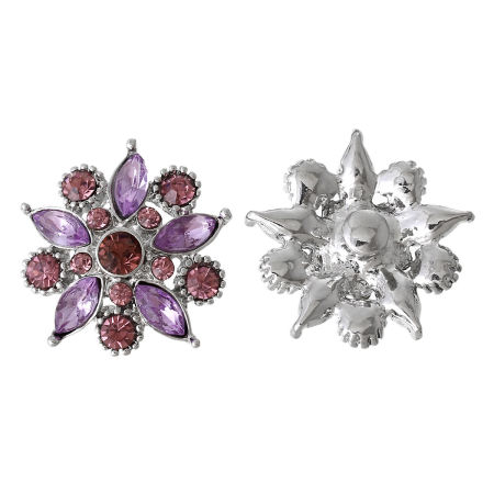 Zinc Metal Alloy Snap Buttons Flower Silver Tone Faceted Purple Rhinestone Fit Snap Button Bracelets 26mm(1") x 26mm(1"), Knob Size: 5.5mm( 2/8"), 2 PCs