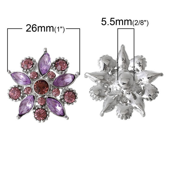 Image de Bouton Pression Forme Fleur Argent Mat A Facettes avec Strass Pourpre pour Bracelet Bouton Pression 26mm x 26mm, Taille de Poignée: 5.5mm, 2 Pcs