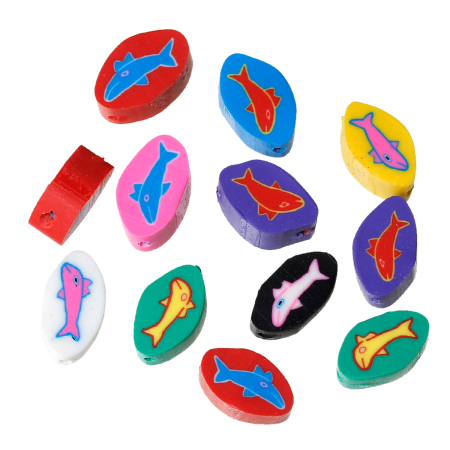 Clay Beads Oval At Random Mixed Fish Pattern About 11mm x 7mm, Hole: Approx 1.2mm-1.8mm, 9 PCs