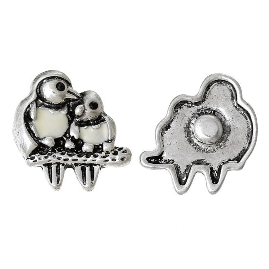 Picture of Zinc Based Alloy Snap Buttons Mother Bird Antique Silver Color White Enamel Black Rhinestone Fit Snap Button Bracelets 22mm( 7/8") x 21mm( 7/8"), Knob Size: 5.5mm( 2/8"), 6 PCs