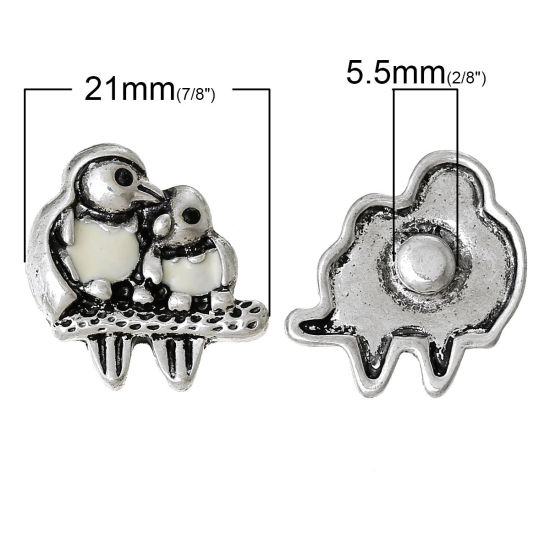 Picture of Zinc Based Alloy Snap Buttons Mother Bird Antique Silver Color White Enamel Black Rhinestone Fit Snap Button Bracelets 22mm( 7/8") x 21mm( 7/8"), Knob Size: 5.5mm( 2/8"), 6 PCs