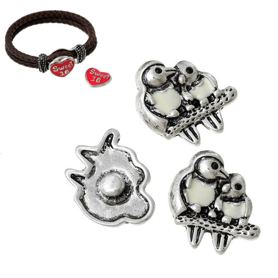 Picture of Zinc Based Alloy Snap Buttons Mother Bird Antique Silver Color White Enamel Black Rhinestone Fit Snap Button Bracelets 22mm( 7/8") x 21mm( 7/8"), Knob Size: 5.5mm( 2/8"), 6 PCs