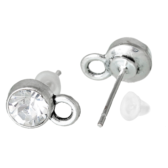 Picture of Zinc Based Alloy Ear Post Stud Earrings Findings Round Silver Tone Clear Rhinestone W/ Loop 10.5mm x7mm, Post/ Wire Size: (21 gauge), 20 PCs
