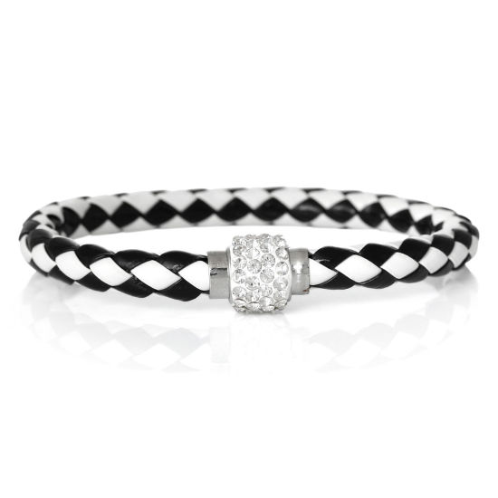 Picture of 5 PCs Brass Simple Braided Bracelets Black & White Faceted Clear Rhinestone