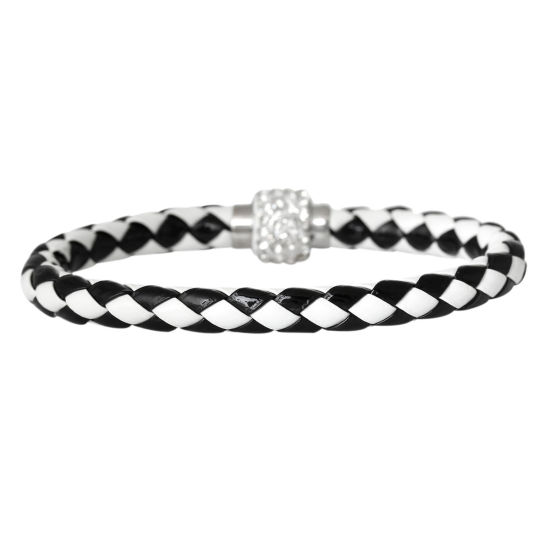 Picture of 5 PCs Brass Simple Braided Bracelets Black & White Faceted Clear Rhinestone