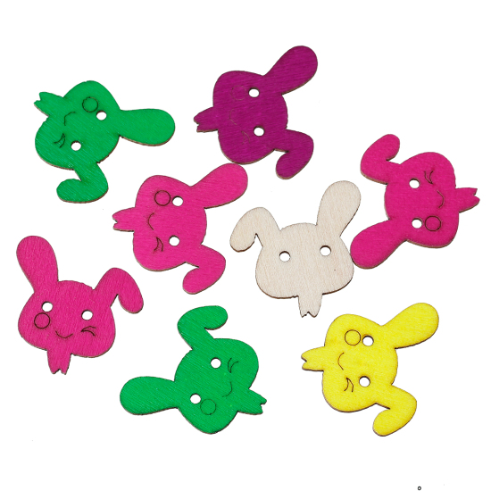 Picture of Natural Wood Easter Sewing Buttons Scrapbooking 2 Holes Rabbit At Random Mixed 29mm(1 1/8") x 28mm(1 1/8"), 50 PCs