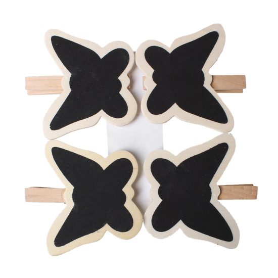 Picture of Wood Photo Paper Clothes Clothespin Clips Note Pegs Butterfly Natural & Black 7.9cm x7.8cm(3 1/8" x3 1/8") - 7.8cm x7.7cm(3 1/8" x3"), 2 Plates (4 PCs/Plate)