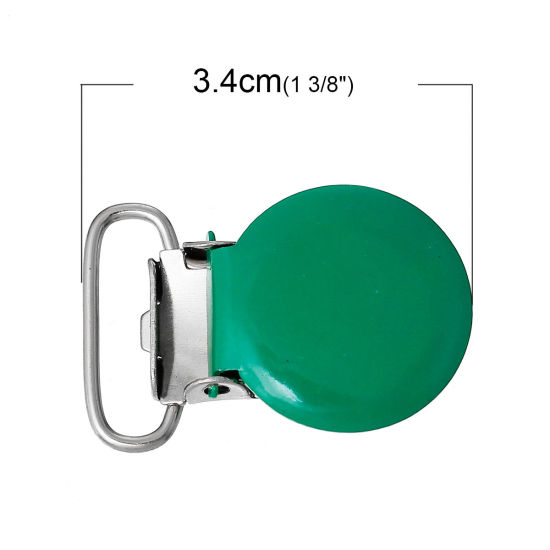 Picture of Iron Based Alloy Baby Pacifier Clip Round Silver Tone Green 34mm(1 3/8") x 23mm( 7/8"), 10 PCs