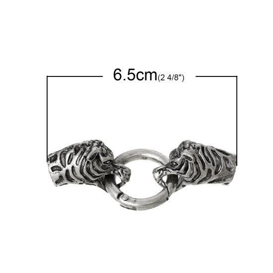 Picture of Zinc Based Alloy Hook Clasps Tiger Antique Silver Color (Fits 9mm Cord) 6.5cm x2.5cm, 2 Sets