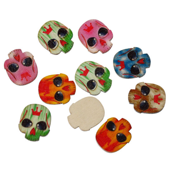 Picture of Natural Wood Embellishments Scrapbooking Halloween Skull At Random Mixed 24mm(1") x 20mm( 6/8"), 50 PCs