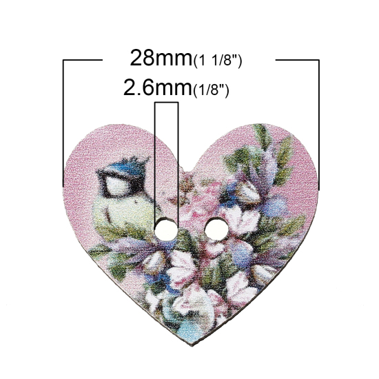 Изображение Шитье Деревянные Пуговицы Сердце Случайно С двумя отверстиями с узором “ Цветок ” 28мм x 24мм, 5 ШТ