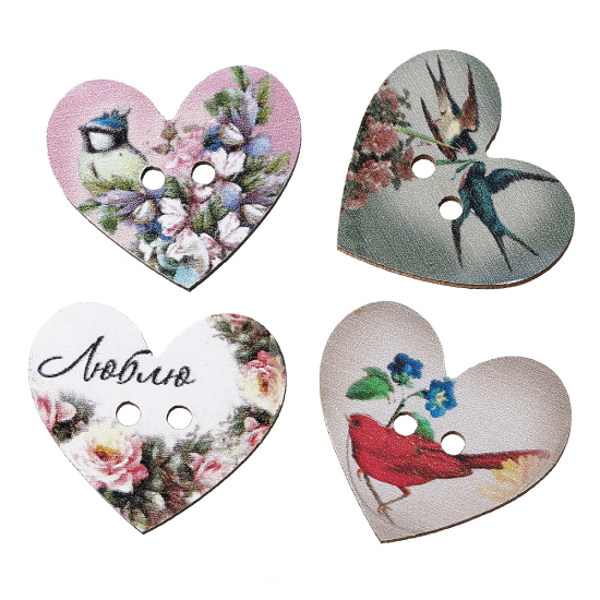 Picture of Wood Sewing Buttons Scrapbooking Heart At Random Mixed 2 Holes Flower Pattern 28mm(1 1/8") x 24mm(1"), 5 PCs
