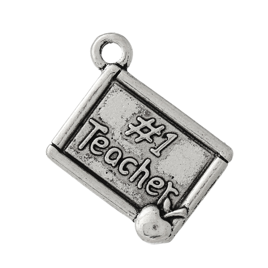Picture of Zinc Metal Alloy Charm Pendants Rectangle Antique Silver Color Message " #1 Teacher " Carved 20mm(6/8") x 17mm(5/8"), 30 PCs
