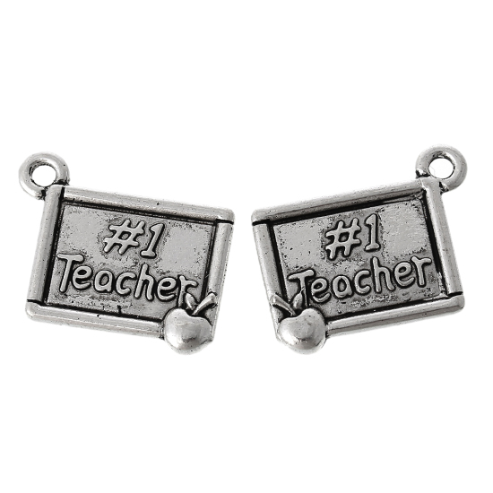 Picture of Zinc Metal Alloy Charm Pendants Rectangle Antique Silver Color Message " #1 Teacher " Carved 20mm(6/8") x 17mm(5/8"), 30 PCs