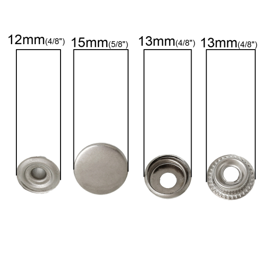 Image de Bouton Pression à Griffe en Alliage de Fer Rond Argent Mat 15mm Dia 13mm Dia 12mm Dia, 50 Kits(4 PCs/Kit)