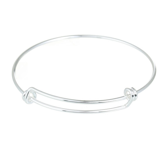 Picture of Brass Expandable Bangle Bracelet, Double Bar, Round Silver Plated Adjustable From 25cm(9 7/8") - 19.5cm(7 5/8") long, 3 PCs                                                                                                                                   