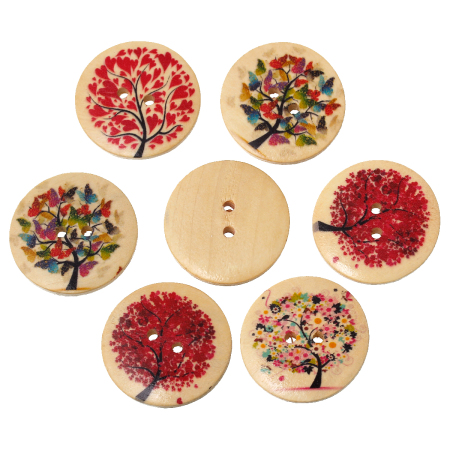 Natural Wood Sewing Buttons Scrapbooking Round At Random Mixed 2 Holes Tree Pattern 3cm(1 1/8") Dia, 20 PCs