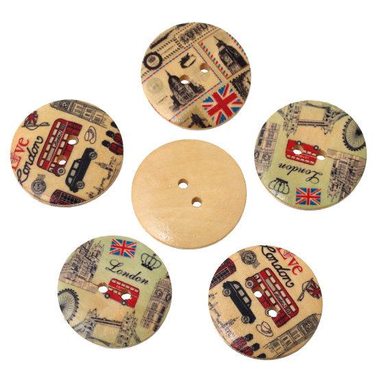 Picture of Wood Sewing Buttons Scrapbooking Round At Random Mixed 2 Holes 3cm(1 1/8") Dia, 20 PCs