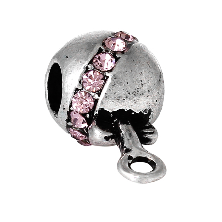 1 Piece Zinc Based Alloy European Style Bail Beads With Loop For DIY Jewelry Making Findings Barrel Bowknot Antique Silver Color Pink Rhinestone 21mm x 11mm