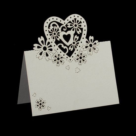 Picture of Paper Wedding Party Name Place Cards Heart Hollow Creamy-White 11.8cm x8.8cm(4 5/8" x3 4/8"), 10 Sheets