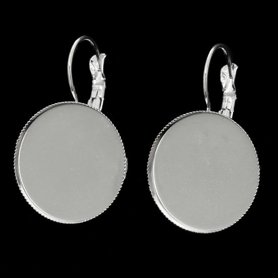 Picture of Brass Clip On Earring Cabochon Settings Round Silver Plated (Fits 20mm Dia) 34mm(1 3/8") x 21mm( 7/8"), Post/ Wire Size: (20 gauge), 4 PCs                                                                                                                    