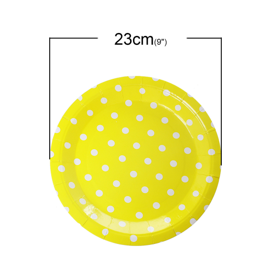 Picture of Paper Tableware Plates Party Food Round Yellow & White Dot Pattern 23cm(9") Dia, 12 PCs