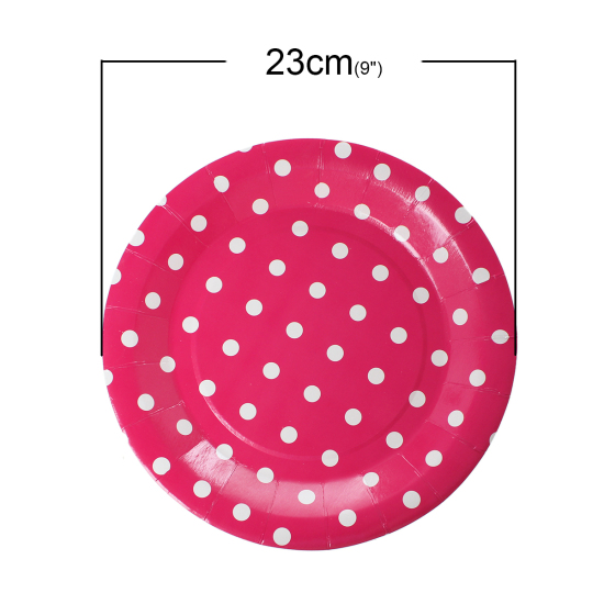 Picture of Paper Tableware Plates Party Food Round Fuchsia & White Dot Pattern 23cm(9") Dia, 12 PCs