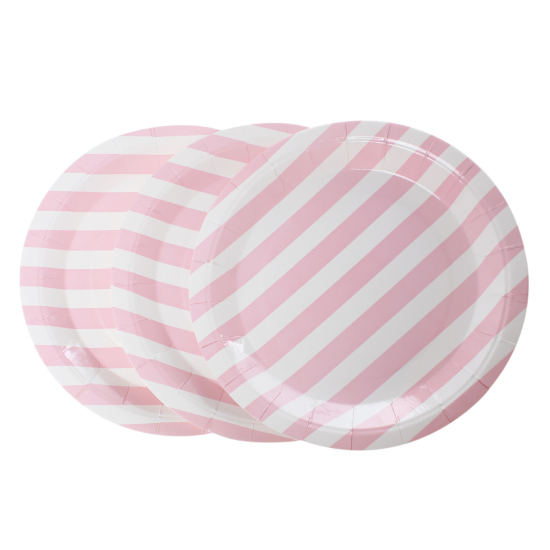 Picture of Paper Tableware Plates Party Food Round Pink & White Stripe Pattern 23cm(9") Dia, 12 PCs