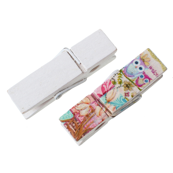 Picture of Wood Photo Paper Clothes Clothespin Clips Note Pegs Rectangle White Bird Pattern 4.5cm x1.5cm(1 6/8" x 5/8"), 2 Plates (6 PCs/Plate)