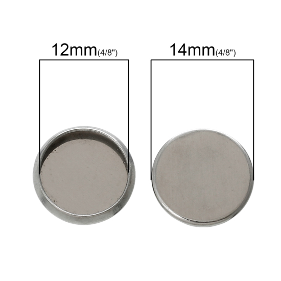 Picture of 304 Stainless Steel Bezel Cups Cabochon Settings Round Silver Tone (Fits 12mm Dia.) 14mm( 4/8") Dia, 50 PCs