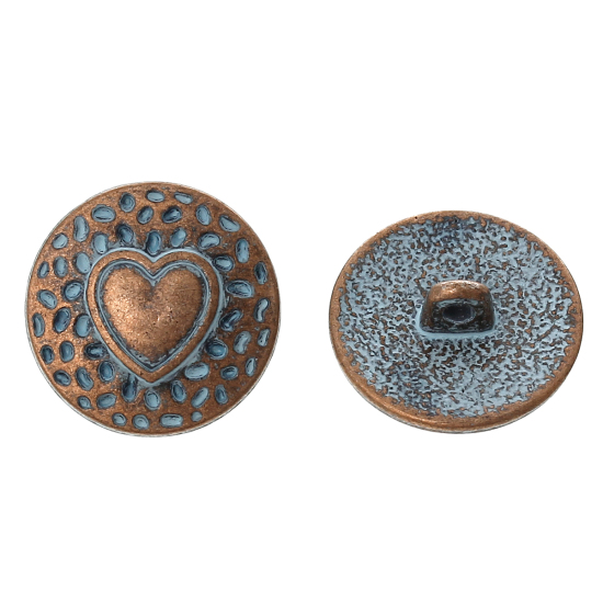 Picture of Zinc Based Alloy Metal Sewing Shank Buttons Round Antique Copper Heart Carved Spray Painted Blue 18mm( 6/8") Dia, 30 PCs